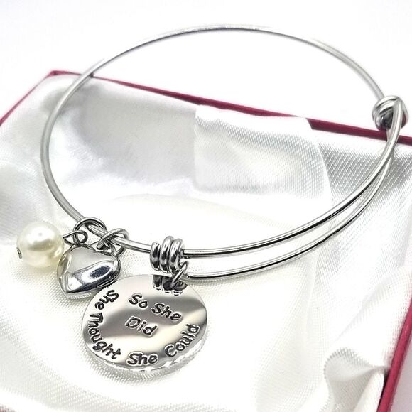 Silver toned ingraved Adustible charm bangle bracelet. - Picture 2 of 4